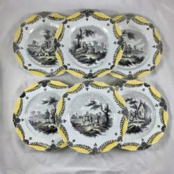 French Faïence Hand-Painted Figural Plates, S/6